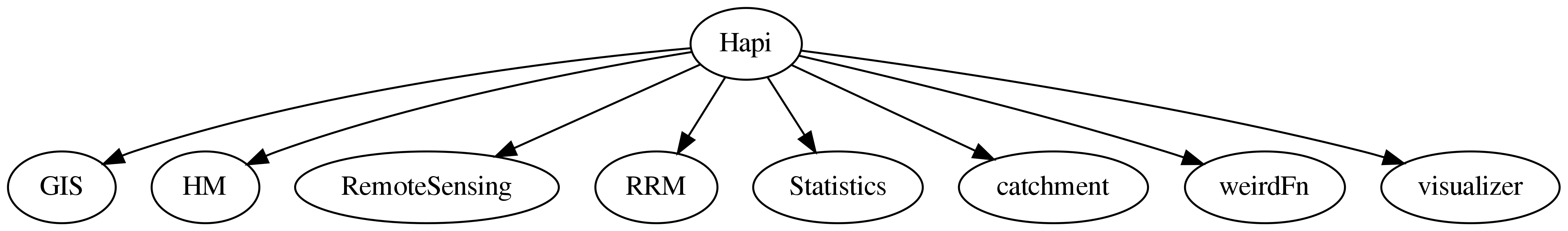 digraph Linking {
Hapi -> GIS;
Hapi -> HM;
Hapi -> RemoteSensing;
Hapi -> RRM;
Hapi -> Statistics;
Hapi -> catchment;
Hapi -> weirdFn;
Hapi -> visualizer;
dpi=400;
}